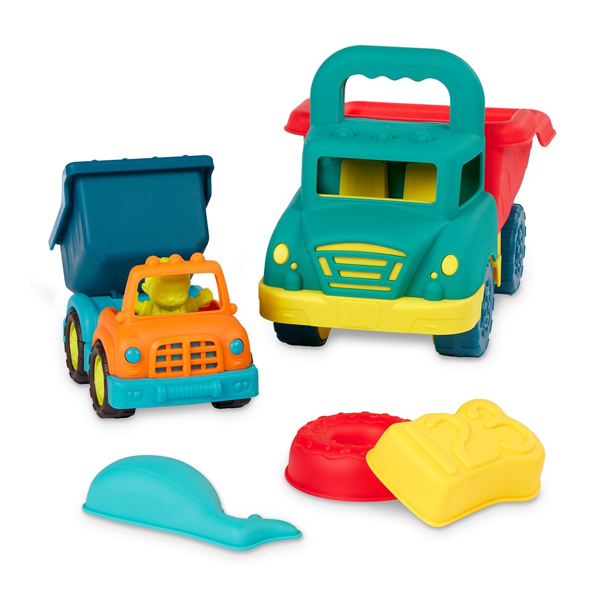 B.TOYS - Set 2 Camiones Volquete con Figura & Moldes B.Toys. - Image 1