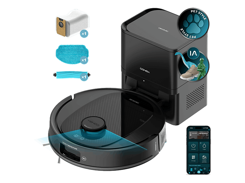 Robot friegasuelos - Cecotec Conga Y80, Navegación inteligente, Programable, 13000 Pa succión, Base de 2,5L, Cepillo para mascotas, Negro - Image 1