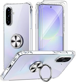 Coque Compatible avec Samsung Galaxy A56 A36, Anneau Crystal Clear Silicone Etui Anti-Chute Quatre Coins Transparent TPU Rotatif 360 Bague Cover - Argent - Image 1
