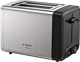 Bosch DesignLine TAT4P420DE Grille-pain compact en acier inoxydable, avec arrêt automatique, fonction décongélation, parfait pour 2 tranches de pain grillé, fonction lift, 970 W, acier inoxydable/noir - Image 1