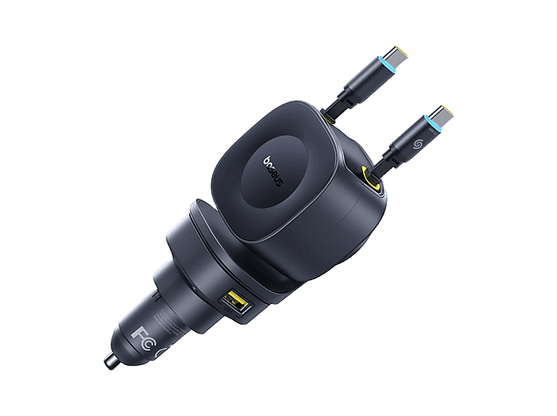 Cargador coche - Baseus PrimeTrip VR2 Max, Universal, Tipo C y USB, Sistema retráctil magnético, Carga rápida multidispositivo, Giro 450º, 100W, Negro - Image 1