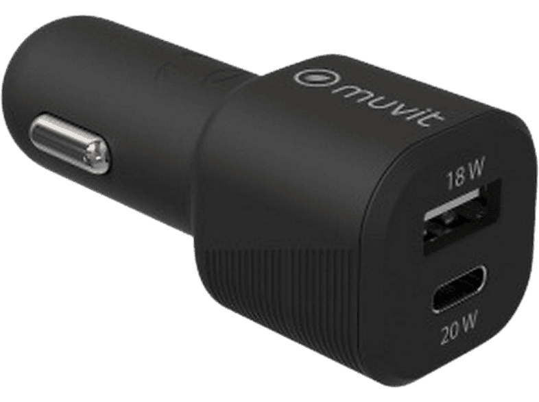 Cargador USB para coche - Muvit MCDCC0010, USB-A y USB-C, Universal, 20W, Negro - Image 1