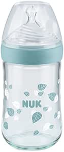 NUK Nature Sense Glass Bottle with Silicone Teat with Medium Feeding Hole (0-6 Months), Green, 240 ml - Image 1