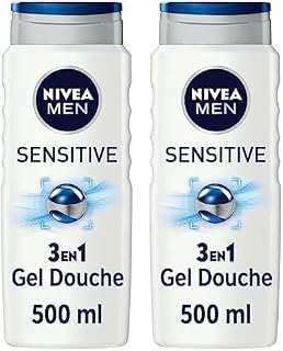 NIVEA MEN Gel Douche Sensitive 3 en 1 (3 x 500 ml), gel douche homme pour peau sensible, nettoyant doux pour corps, cheveux et visage, savon douche à l'extrait de bambou (Lot de 2) - Image 1