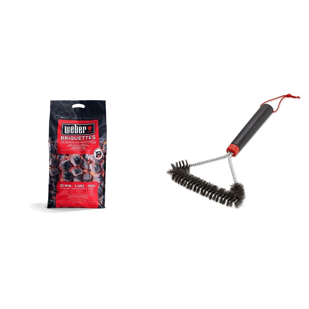 Weber Charcoal Briquettes – 8 kg Bag – Charcoal for Weber & 12 Inch Three-Sided Grill Brush - Image 1