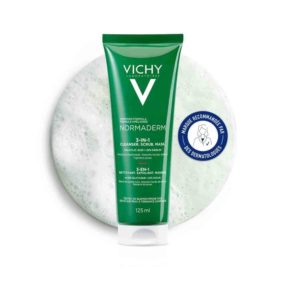 Vichy, Normaderm, 3-in-1 Exfoliating Face Cleanser, Multi-Use Versatile Face Care, Absorbs Excess Sebum and Refines Skin Grain, Oily to Blemish Skin, 125 ml - Image 1