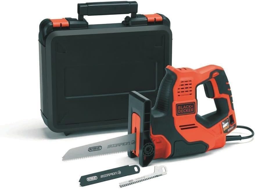 BLACK+DECKER RS890K-QS Wired Hand Saw - Cutting Capacities: 3 mm Metal, 100 mm Wood, 50 mm Plastic Pipe and Branches - 3 Blades - Delivered in a 500W Case, Black, Orange, RS890K-QS - Image 1