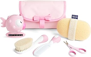 Chicco Set de bain pour bébés, idée cadeau, idée cadeau naissance, avec peigne, brosse douce, thermomètre, gant de toilette en éponge et une paire de ciseaux, hygiène bébé, produits de bain, rose - Image 1