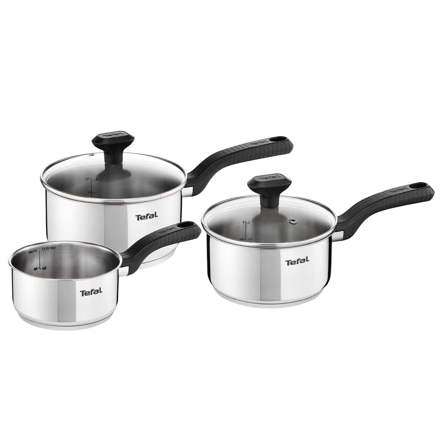 Tefal Comfort Max C973S344 Set of 3 Saucepans 14/16/18 cm + 2 Glass Lids 16/18 cm Induction High Quality Stainless Steel Heat Insulated Handles - Image 1