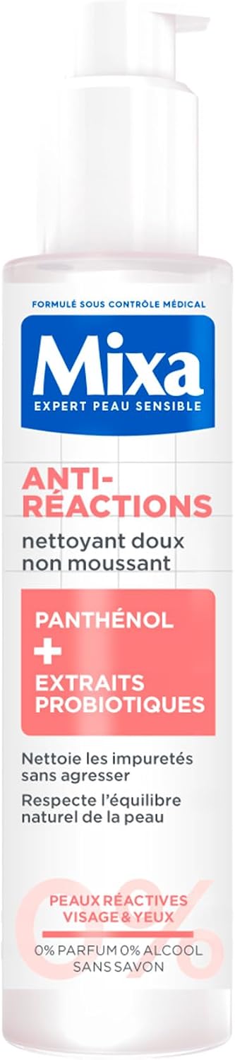 MIXA - Nettoyant Visage Anti-Réactions - Elimine les Impuretés Sans Agresser - Non Moussant, Sans Parfum, Sans Savon - Panthénol + Extraits Probiotiques - Tous Types de Peaux Réactives - 150 ml - Image 1