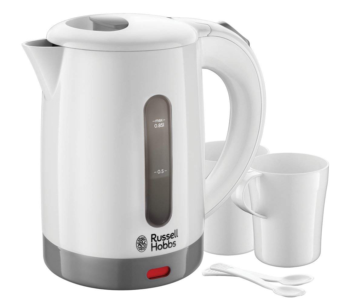 Russell Hobbs Travel Electric Kettle [Small & Light] (Ideal for Travel, 850 ml, 1000 W, 2 Cups + Spoons Included, Universal Voltage, Visible Water Level, Anti-Limescale Filter) 23840-70 - Image 1