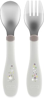 Stainless Steel Cutlery Kids Cutlery Set Porridge Fork and Spoon for Children, Stainless Steel, Easy to Port, First Food Weaning Set, 2 Pieces, 18M+, Grey - Image 1