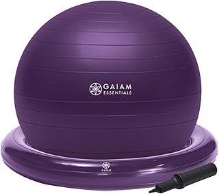Gaiam Essentials Ballon d'équilibre avec kit pour base, ballon de yoga pour s’asseoir avec base circulaire gonflable pour la maison ou le bureau, pompe à air incluse - Image 1