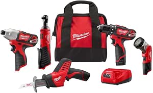 Milwaukee 2498-25 M12 12V Cordless Combination Kit 5 Tools: 2407-20 3/8" Drill/Screwdriver + 2462-20 1/4" Hex Impact Driver + Hackzall 2457-20 3/8" Recipe Saw Ratchet - Image 1