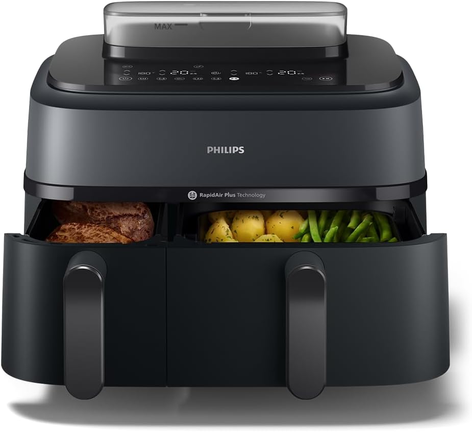 Philips Airfryer Series 5000 - Air Fryer Dual Basket with Steaming, 9L, RapidAir, 19 Cooking Modes, Up to 90% Less Fat, AirSteam, Steam Cleaning, HomeID (NA550/00) - Image 1