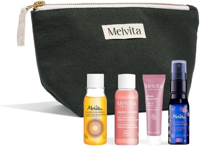 Melvita - Travel Facial Care Kit - Cleansing, Toning, Moisturizing for All Skin Types - Includes Make-up Remover Oil 30ml, Extraordinary Water 30ml, Floral Water 28ml, Lift Cream 10ml - Image 1