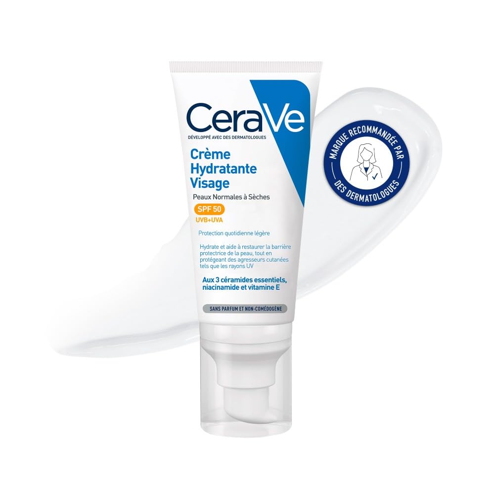 CeraVe - Crème Hydratante Visage SPF50 - Crème de Jour avec Protection UVB + UVA - Acide Hyaluronique, Céramide, Niacinamide, Vitamine E - Peau Normale à Sèche - 52 ml - Image 1