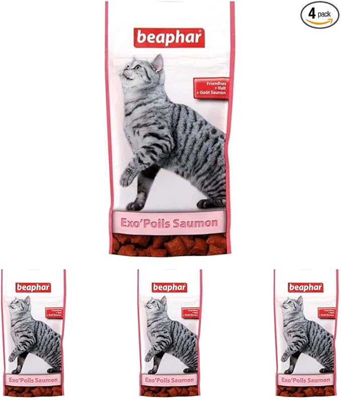 BEAPHAR Exo'Hair Salmon Flavour Treats, Malt Treats for Cats – Prevents the Formation of Hairballs – Promotes Gut Wellness – Resealable Bag with Zip – 35g (Pack of 4) - Image 1