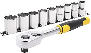 Stanley STMT82671-0 72 Teeth Ratchet - 1/2''+9 Sockets - 5° Recovery Angle - Wide Metal Release Button - Reverse Lever for Quick and Secure One-Hand Tilting - 10 Pieces - Image 1
