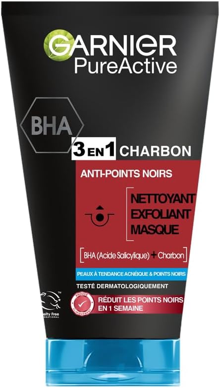 Garnier Pure Active - Nettoyant 3 En 1 - Nettoyant, Exfoliant, Masque - Réduit Les Points Noirs & Prévient Leur Apparition - BHA & Charbon - Vegan & Cruelty Free - Peau Mixtes à Grasses - 150 ml - Image 1