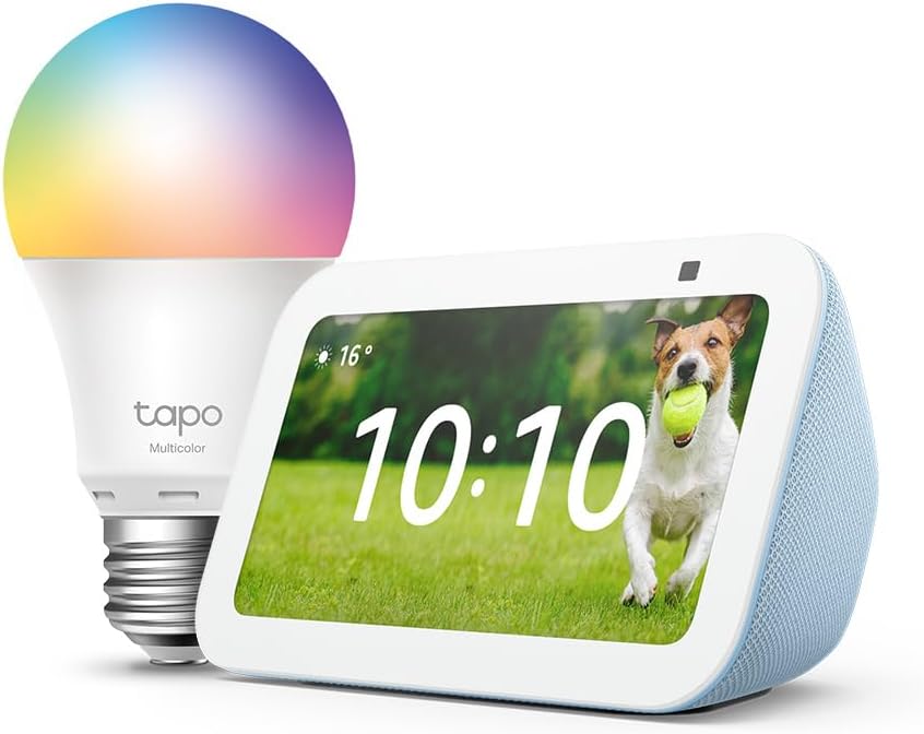 Echo Show 5 (3e génération) | Bleu-gris + Tapo L530EA ampoule connectée LED (E27), Fonctionne avec Alexa - Kit de démarrage Maison connectée - Image 1