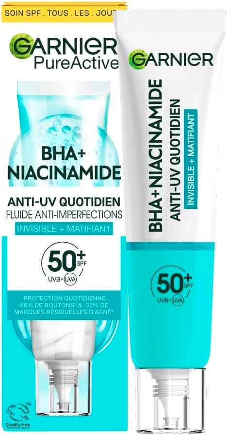 GARNIER SkinActive - Fluide Anti-UV Matifiant & Anti-Imperfections Quotidien - SPF 50+ - Protège & Réduit les Imperfections - Enrichi en BHA & Niacinamide - Pour Peaux à Tendance Acnéique - 40 ml - Image 1