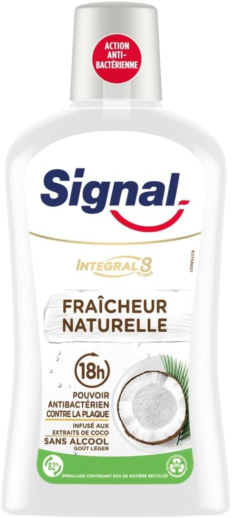 SIGNAL - Bain de Bouche Intégral 8 Fraicheur Naturelle - Infusé aux extraits de coco - Enrichi en Zince Minéral pour une éfficacité antibactérienne pendant 18h - Sans Alcool - 500ml - Image 1