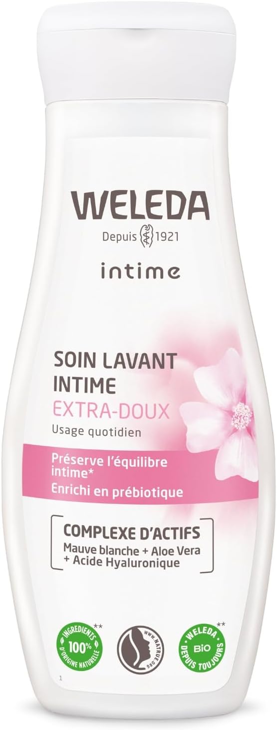 WELEDA Soin Lavant Intime Extra-Doux – Gel Lavant Intime Femme, Sans Savon, pH Physiologique, Anti-Odeurs, Aloe Vera Bio, Mauve Blanche Bio, Acide Hyaluronique, Prébiotique, Vegan, NATRUE, 200ml - Image 1