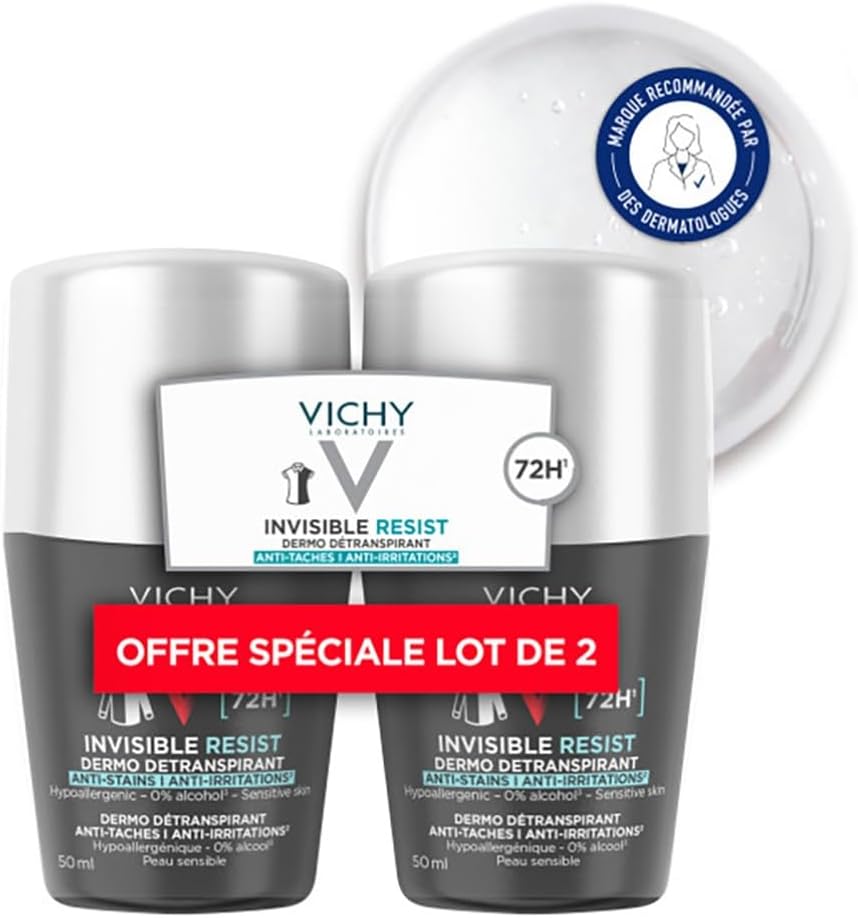 Vichy Homme, Invisible Resist, Déodorant Roll-On, Détranspirant à l'Efficacité Longue Durée 72 H, Anti-Taches Jaunes et Blanches, Adapté aux Peaux Sensibles, Lot de 2x50 ml - Image 1