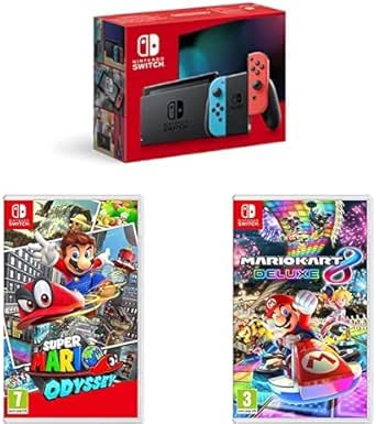 Nintendo Switch Neon + Super Mario Odyssey + Mario Kart 8 - Image 1
