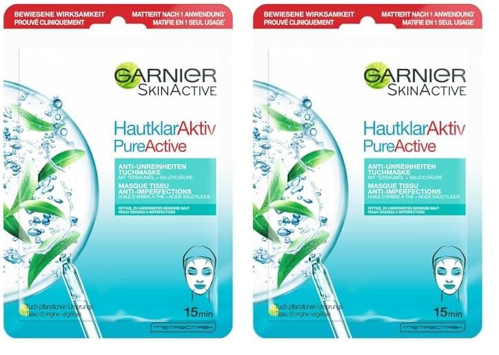 GARNIER Skin Active - Anti-Bleach Fabric Mask - Reduces Pores, Sebum & Blackheads - BHA, Niacinamide, Tea Tree Oil - Vegan & Cruelty Free - Compostable Fabric - Skin Bleach - Image 1