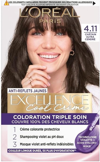 L'ORÉAL PARIS - Triple Care Permanent Hair Colour - Anti-Yellow Reflection - 100% White Hair Covers - Excellence Cool Cream - Shade: Ultra Ash Brown (4.11) - Image 1