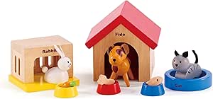 Hape Family Animal Set for Dollhouses, Playmates for Dolls, Dogs, Cat, Rabbit and their Accessories - Image 1