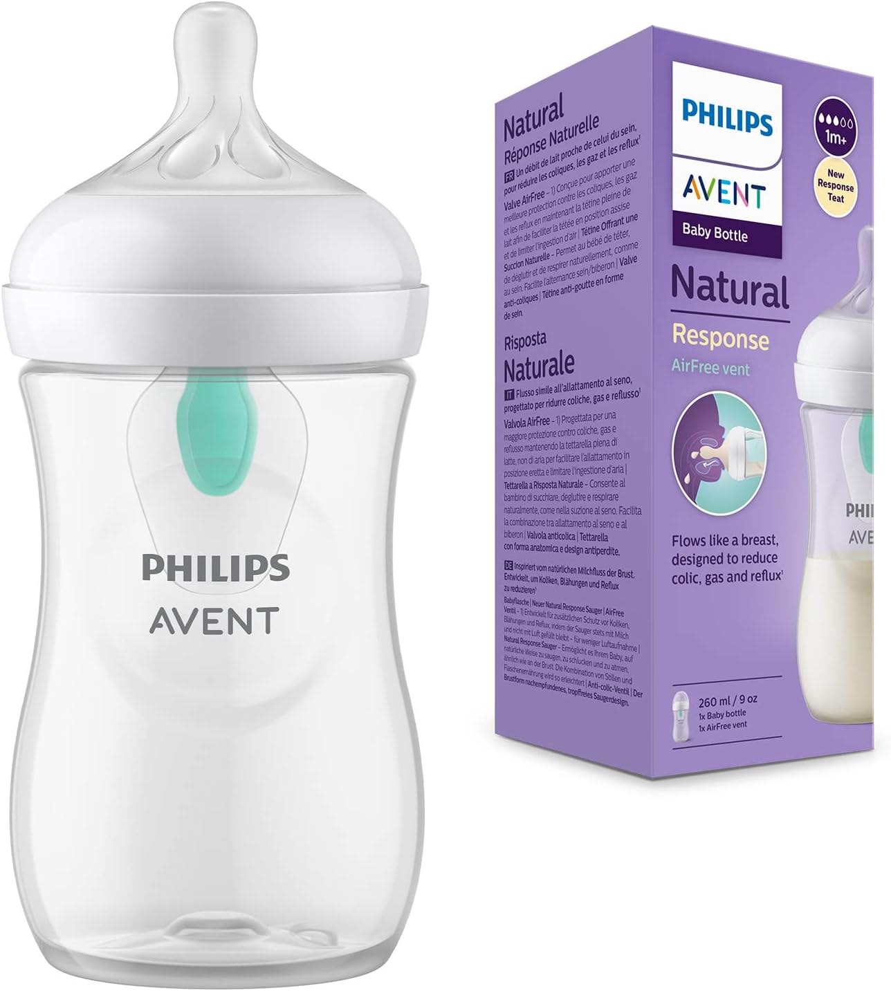 Philips Avent Biberon à Réponse Naturelle de 260 ml avec valve AirFree, sans BPA pour les bébés de 1 mois et + (modèle SCY673/01) - Image 1