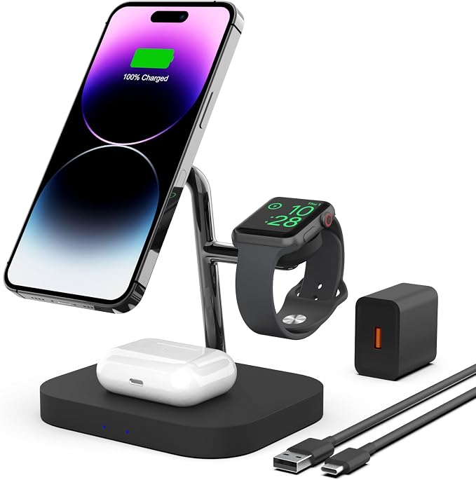 Boaraino Charging Dock, 3 in 1 Magnetic Wireless Charger Compatible with iPhone 17/16/15/14/13/12, Apple Watch 11/10/9/8/7/6/SE/5/4/3, AirPods 2/3/4/5/Pro - Image 1