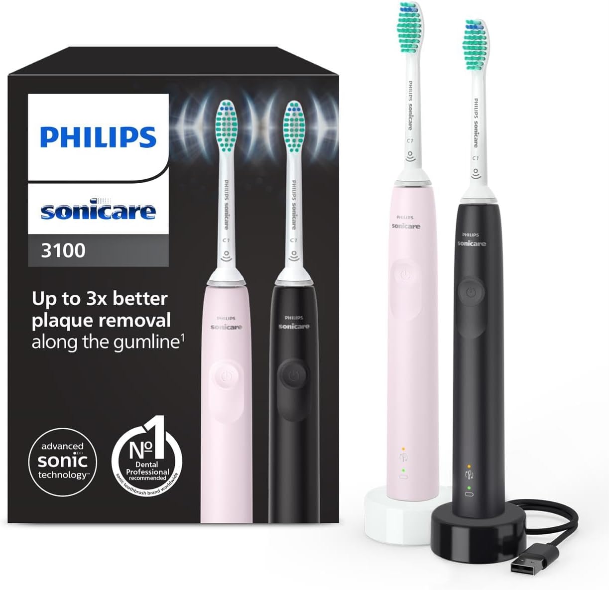 Philips Sonicare 3100, Brosse à dents électrique sonique, capteur de pression et minuterie, rose pastel et noir, pack de 2, modèle HX3675/15 - Image 1