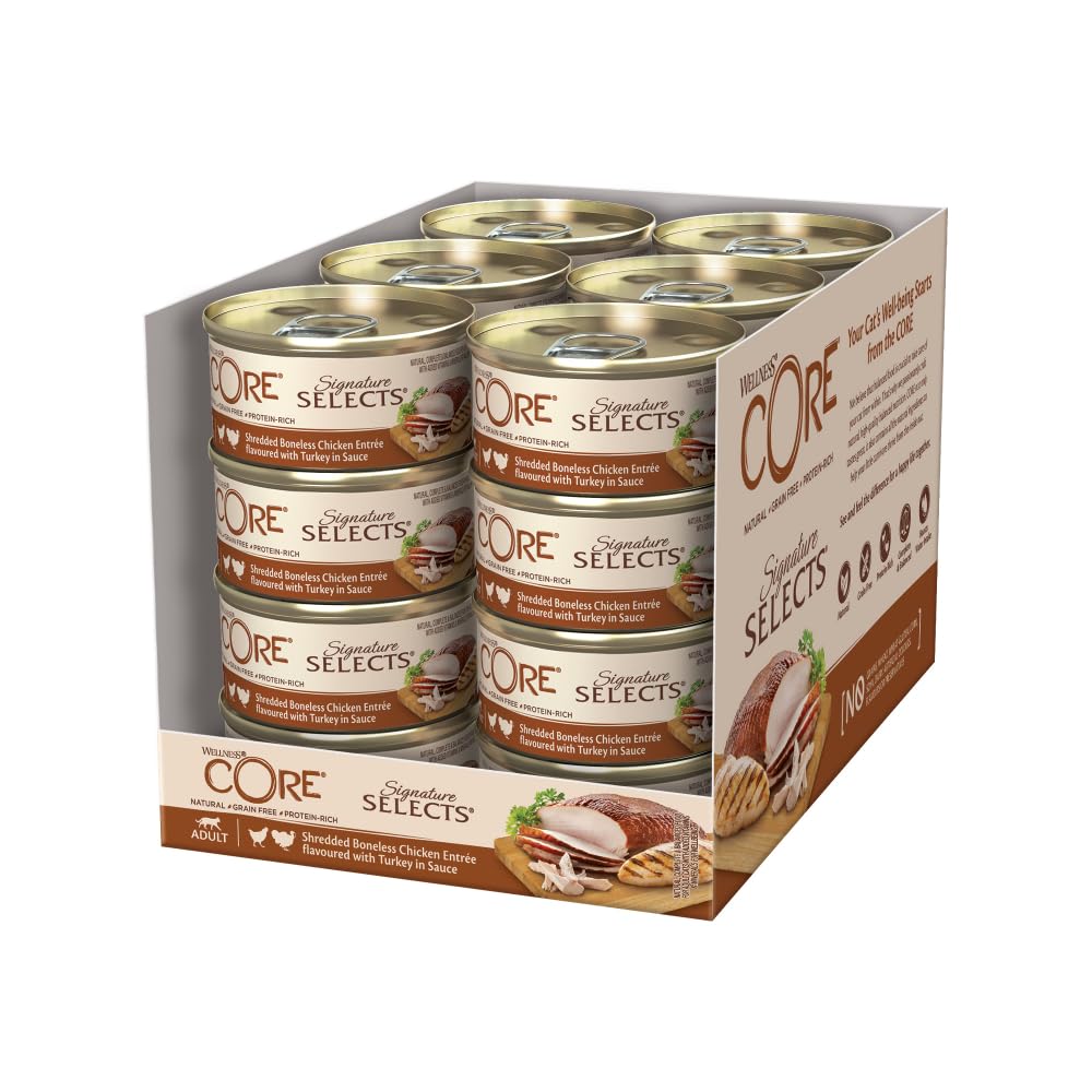 Wellness CORE Signature Selects 24 x 79 g, Chicken/Turkey - Shredded in Sauce for Adult Cats, Cereal Free, Natural, Hypoallergenic, High Protein, High Meat Content, - Image 1