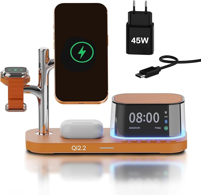 MMOBIEL MagSafe 5-in-1 Wireless Charger with Alarm Clock, Bluetooth Speaker & LED Night Light for MagSafe - Qi2.2 25W Wireless Charging Station for iPhone, Apple Watch & AirPods - Cosmic Orange - Image 1
