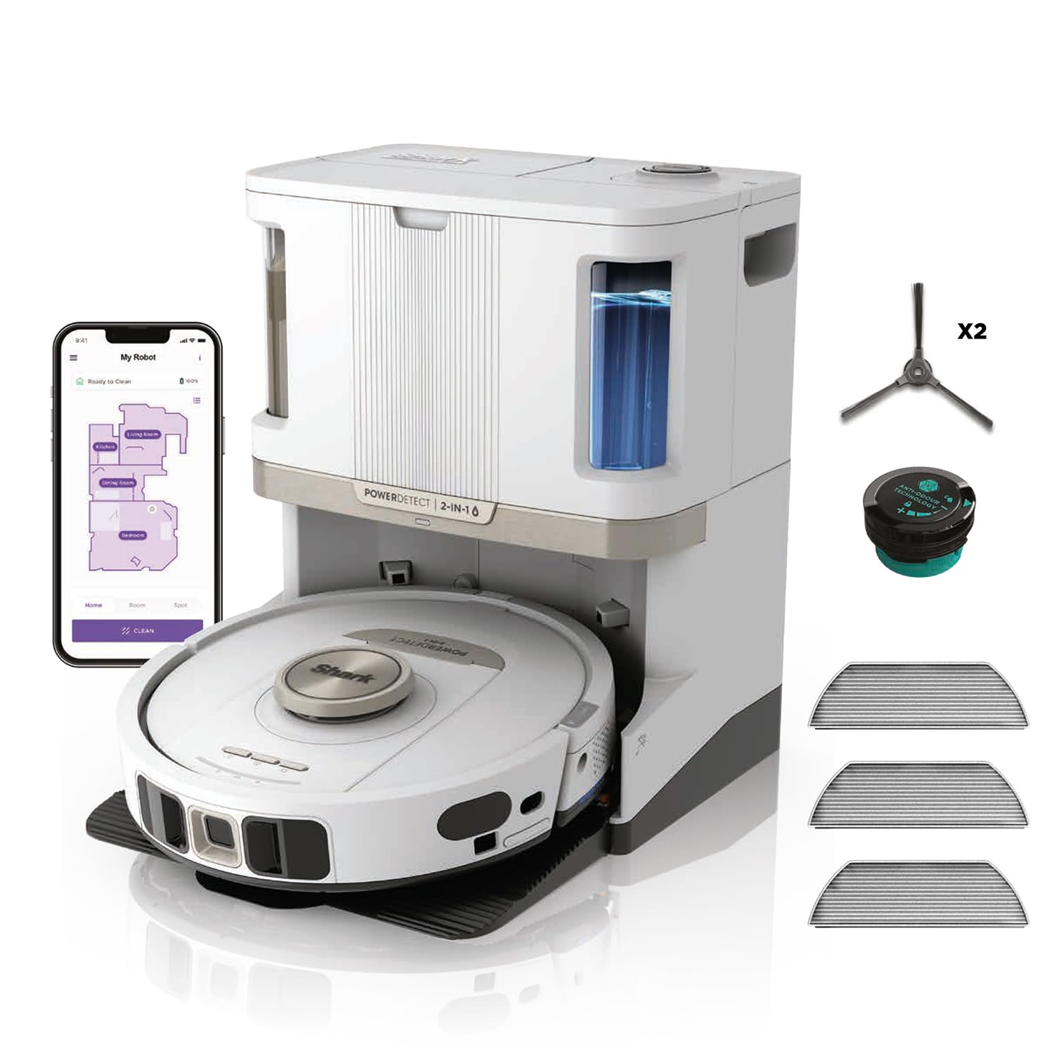 Shark PowerDetect Robot Washer Vacuum Cleaner - 60 Day Self-emptying Base Cleaner - 3D Navigation LiDAR - WiFi/App - 1 Anti-Odor Cartridge, 3 Standard Pads and 1 Anti-Microbial, 1 Brush - White - Image 1