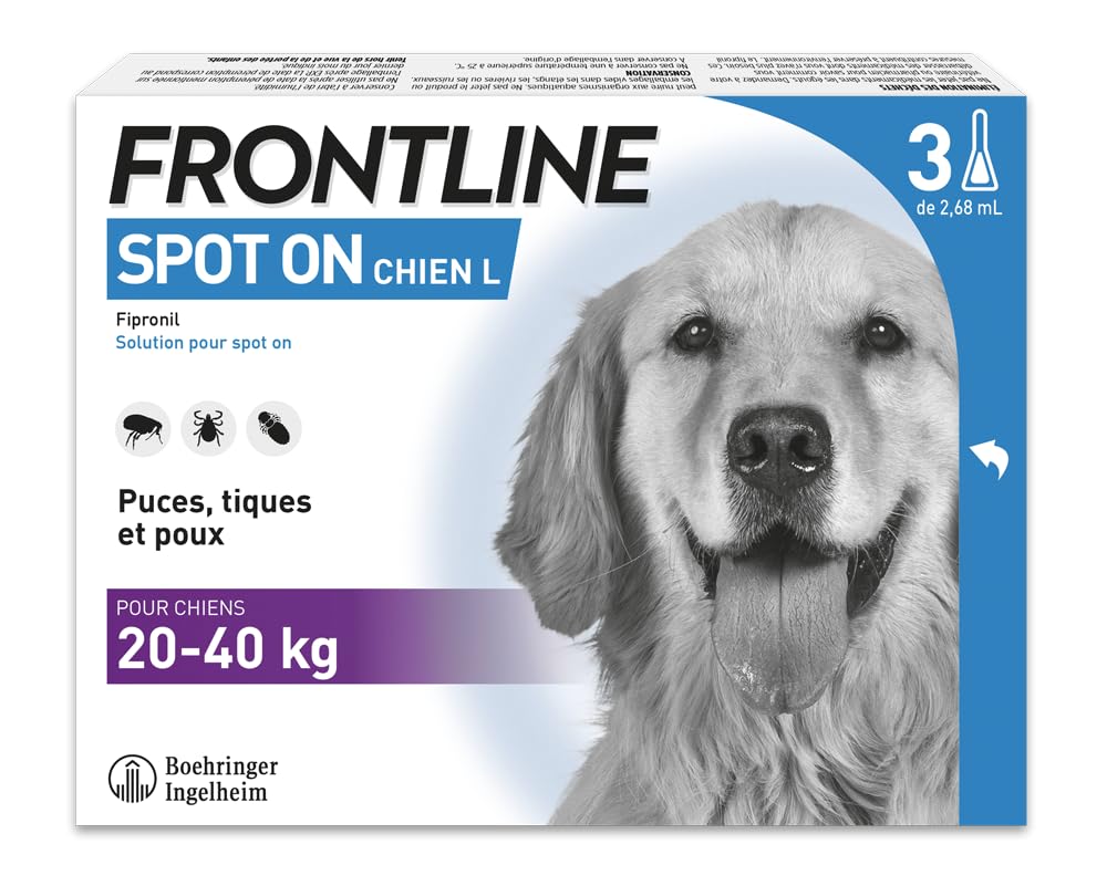 Frontline Spot-on Chien - Anti Puces, Tiques & Poux Broyeurs - Protège Pendant 8 Semaines Contre Les Puces/4 Semaines Contre Les Tiques - pour Chien 20 à 40 kg - Fabriqué en France - 3 Pipettes - Image 1