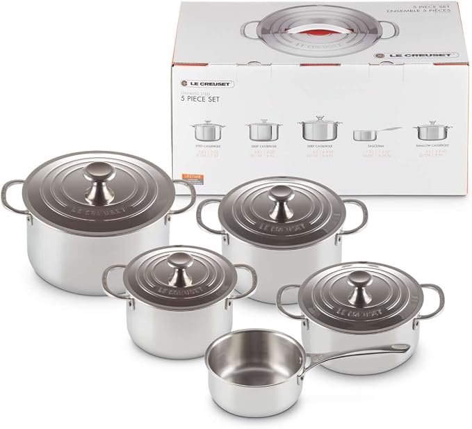 Le Creuset 966053000000000 5-Piece Stainless Steel Kitchen Set, 3 Casserole Dishes (18/20/24 cm), 1 Casserole Dish (26 cm), 1 Saucepan (28 cm), - Image 1