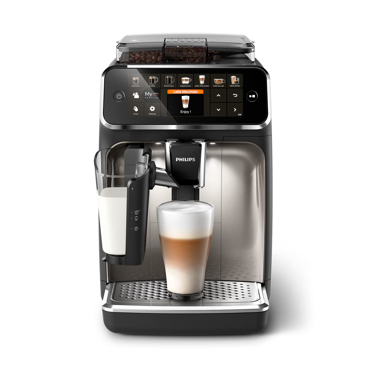 Philips Espresso Grinder Series 5400 – 12 Coffee Specialties, Easy to Clean LatteGo Jug, Intuitive Screen, 4 User Profiles, Black Chrome Bean Coffee Machine (EP5547/90) - Image 1