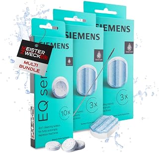 Lot de 10 tablettes de nettoyage et 6 tablettes de détartrage avec brosse de nettoyage - Compatible avec les machines à café Siemens EQ Series - Nettoyage et élimination du calcaire - Image 1
