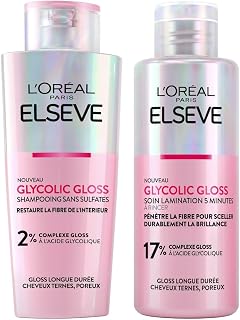 L'Oréal Paris Elvive Glycolic Gloss Shampooing à L'Acide Glycolique Cheveux Poreux et Ternes 200ml + Traitement Laminant 5 minutes Scelle Les Cuticules et Apporte Brillance Intense 200ml - 2 Flacons - Image 1