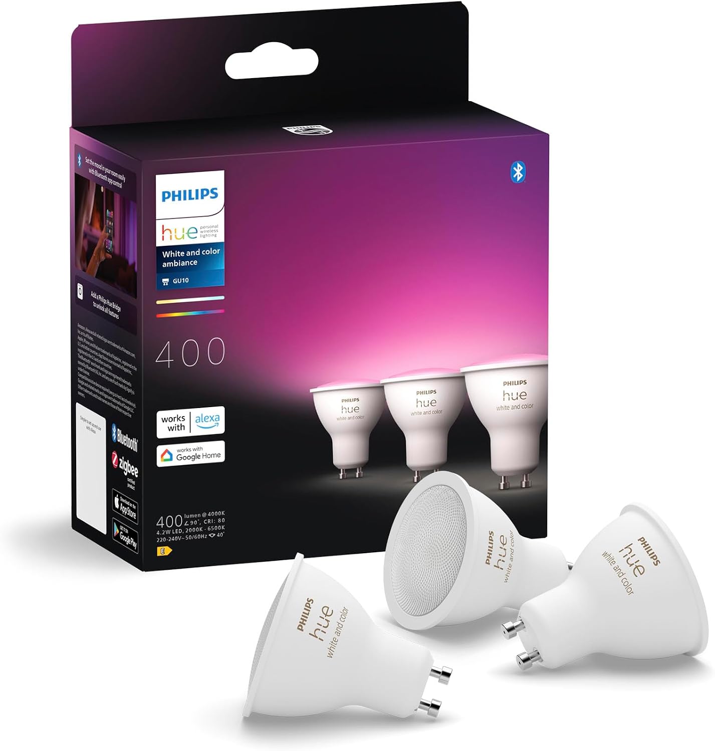 Philips Hue White and Color Ambiance Ampoule LED connectée Pack de 3, culot GU10, 400 lumens, Compatible Bluetooth. Fonctionne avec Alexa, Google Assistant et Apple HomeKit - Image 1