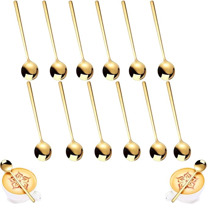 12 Pieces Gold Coffee Spoons, Golden Stainless Steel Small Teaspoons, Classic Gold Cutlery Spoon, Polished Small Dessert Spoon for Nespresso, Coffee, Ice Cream, 5.1 inch - Image 1