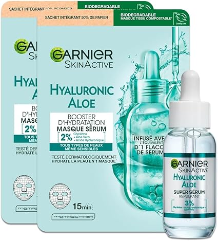 Garnier - Hydrating and plumping routine enriched with Hyaluronic Acid & Aloe Vera - Hyaluronic Aloe Plumping Gel Serum + Hydration Booster Tissue Mask - For Dry and Sensitive Skin - Image 1