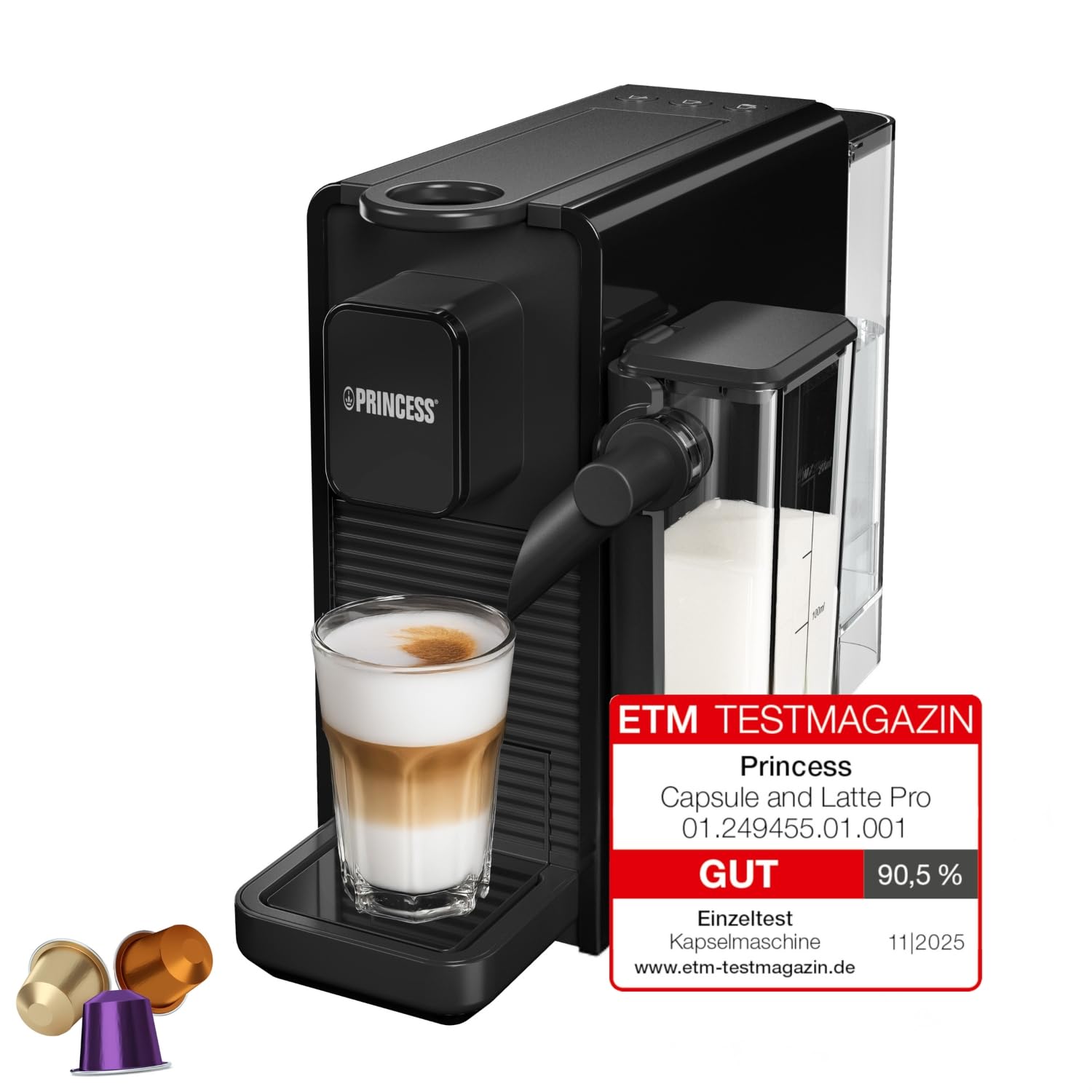 Princess Capsule and Latte Pro Capsule Coffee Machine, Nespresso Compatible, Automatic Milk, 20 Bars, 1400W, BPA Free, Washable Parts, Automatic Shutdown, 01.249455.01.001 - Image 1