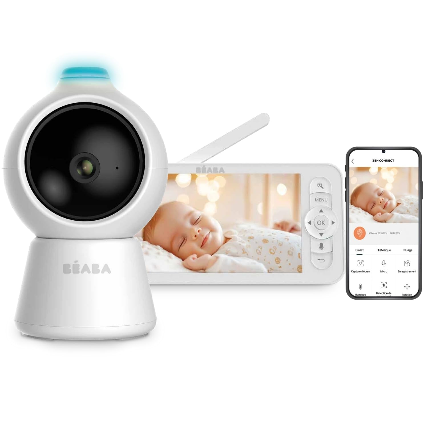 BÉABA Zen Smart AI – Babyphone Vidéo Connecté 3 en 1 avec Caméra 360° Full QHD 4MP, Écran HD 720p, Application Mobile, IA Détection Retournement, Vision Nocturne, Veilleuse, Talkie-Walkie, VOX, Blanc - Image 1