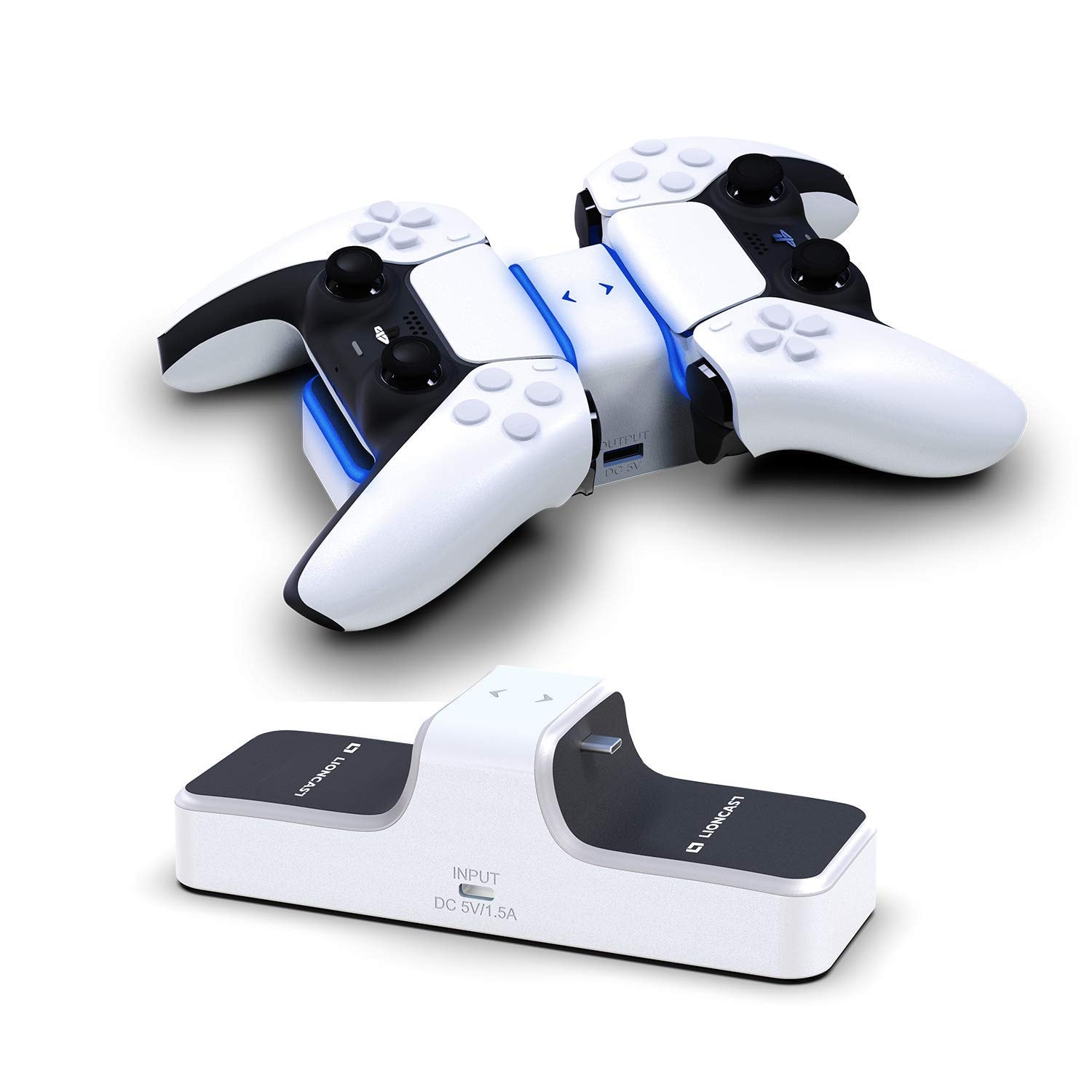 Lioncast PS5 Controller Charger - Dual Charging Station Compatible with Dualsense Wireless Controllers for Sony Playstation 5 Console - Red/Blue LED, Additional USB Port for Accessories - Image 1